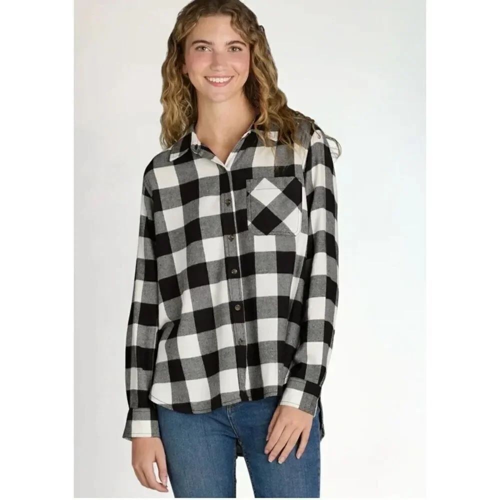 NWT Time & Tru Women's Flannel Shirt ButtonedLong Sleeves Sz L 12-14 White Black